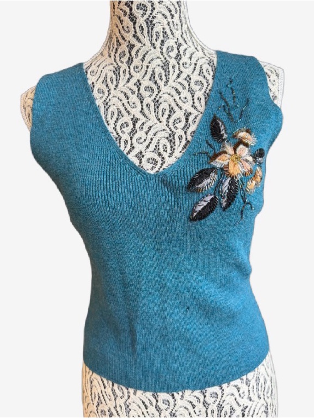 Tracy Reese Vintage 100% Wool Teal Embellished Sweater Vest M